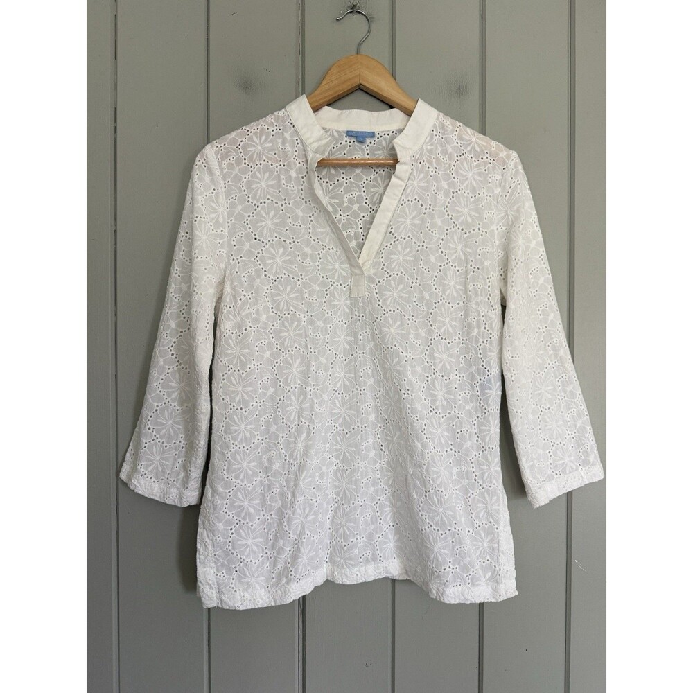 J. McLaughlin Tunic Top 8 White Eyelet V Neck 3/4 Sleeve Pullover Preppy